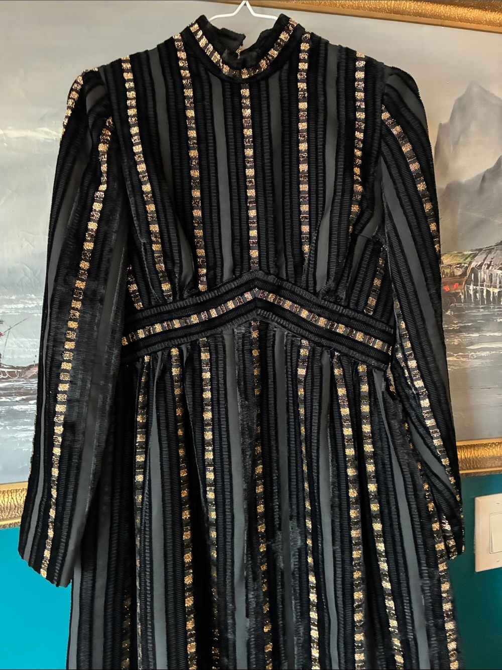Exquisite Vintage Roger Frères Paris Black Velvet Gold Lurex Sheer Dress